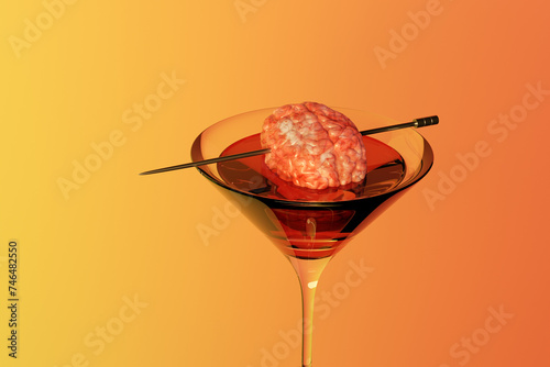Red cocktail garnished with a realistic human brain on a silver metal pick on orange gradient background. Illustration of the concept of driving under the influence (DUI) and halloween photo