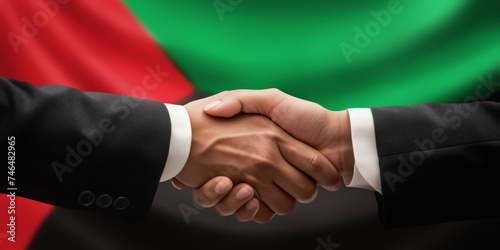 Businessman, diplomat in suits clasp hands for handshake over Martinique flag, agree on united success in trade, diplomacy, cooperation, negotiation, teamwork in commerce, gesture of greeting