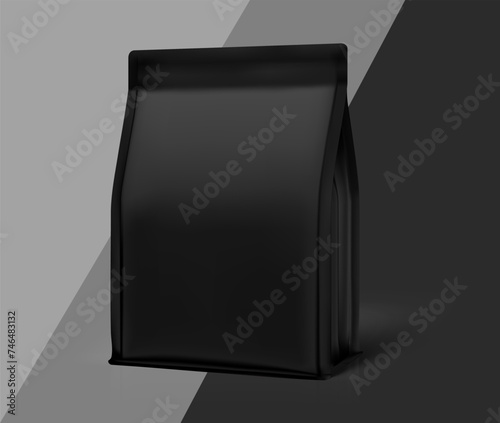 Realistic black gusset bag on different  background for sports nutrition. Half side view. Vector illustration. Can be use for template your design, presentation, promo, ad. EPS 10.