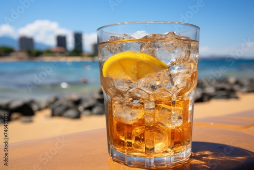 Refreshing tropical beverage in glass on beach vacation with stunning sea background.