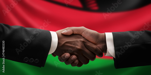 Businessman and diplomat in suits clasp hands for handshake over Malawi flag, agree on united success in trade, diplomacy, cooperation, negotiation, support, teamwork in commerce, gesture of greeting