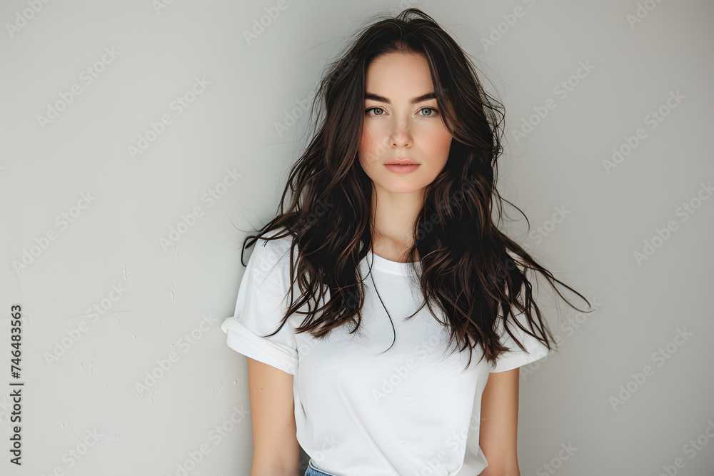 Young beautiful brunette woman model in white T-shirt posing on light grey background Young beautiful brunette woman model in white T-shirt posing on light grey background