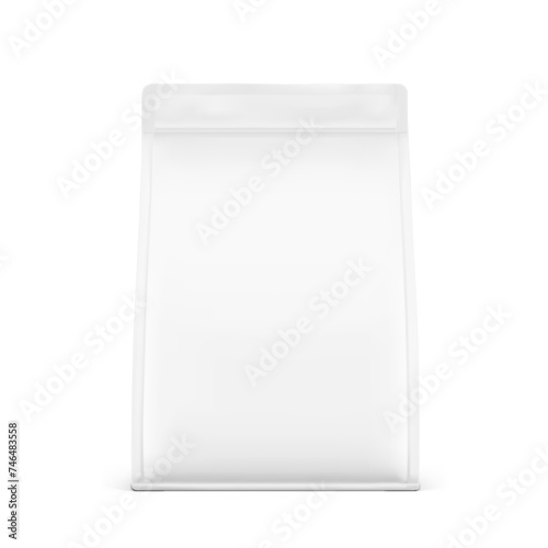 Vertical flat bottom gusset bag with zip lock mockup for food, sport nutrition. Front view. Vector illustration isolated on white background. Can be use for template your design. EPS 10.