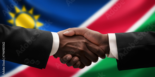 Businessman, diplomat in suits clasp hands for handshake over Namibia flag, agree on united success in trade, diplomacy, cooperation, negotiation, support, teamwork in commerce, gesture of greeting