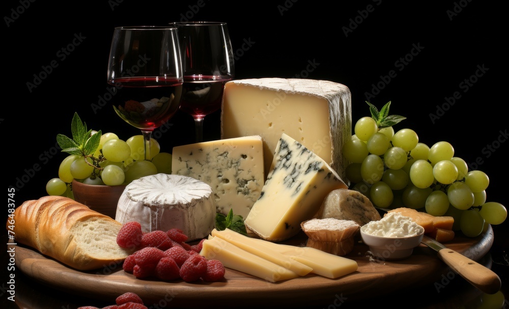 Delicious gourmet cheese platter on wooden board with cozy warm tones for cheese lovers. Delicious gourmet cheese platter on wooden board with cozy warm tones for cheese lovers.