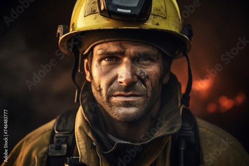 AI generated photo of a professional firefighter man against burning buildings background © Tetiana