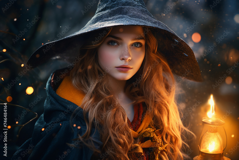 Digital creative generative ai collage of witch girl doing magical ritual