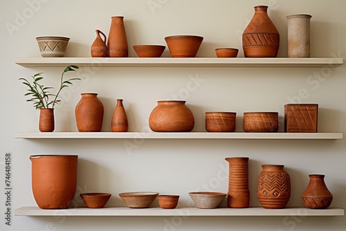 Terracotta Accents in Kitchen: Minimalist Pottery Shelf Display