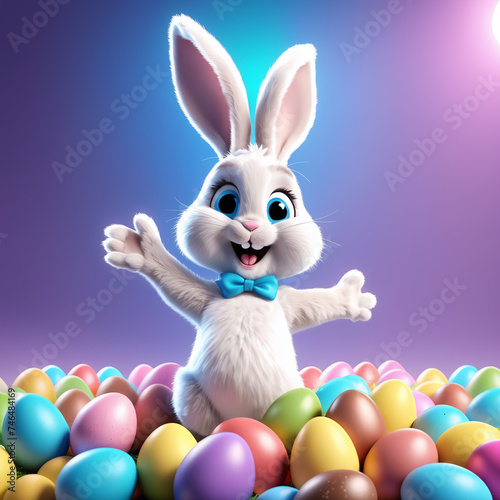 Cute happy easter bunny, throwing colorful easter eggs © Martin