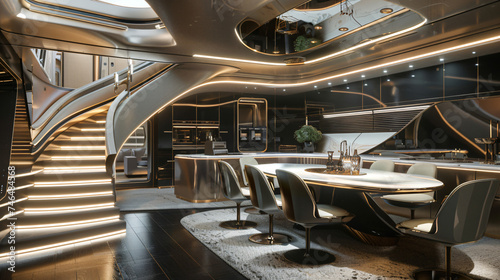 Futuristic interior design: luxury kitchen with dining room.