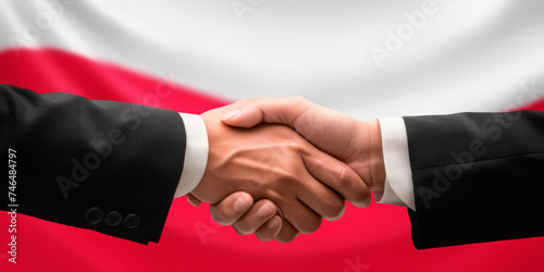 Businessman and diplomat in suits clasp hands for handshake over Poland flag, agree on united success in trade, diplomacy, cooperation, negotiation, support, teamwork in commerce, gesture of greeting