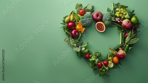 Vegetables and fruits in the shape of a heart on green background. Concept of healthy eating, vegetarianism, health care, health day, with copy space