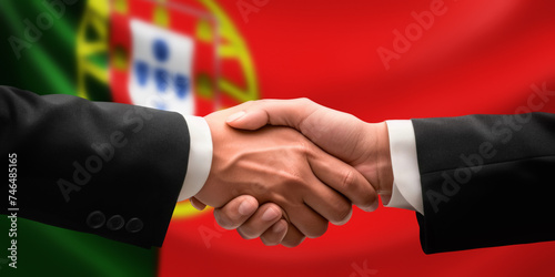 Businessman, diplomat in suits clasp hands for handshake over Portugal flag, agree on united success in trade, diplomacy, cooperation, negotiation, support, teamwork in commerce, gesture of greeting