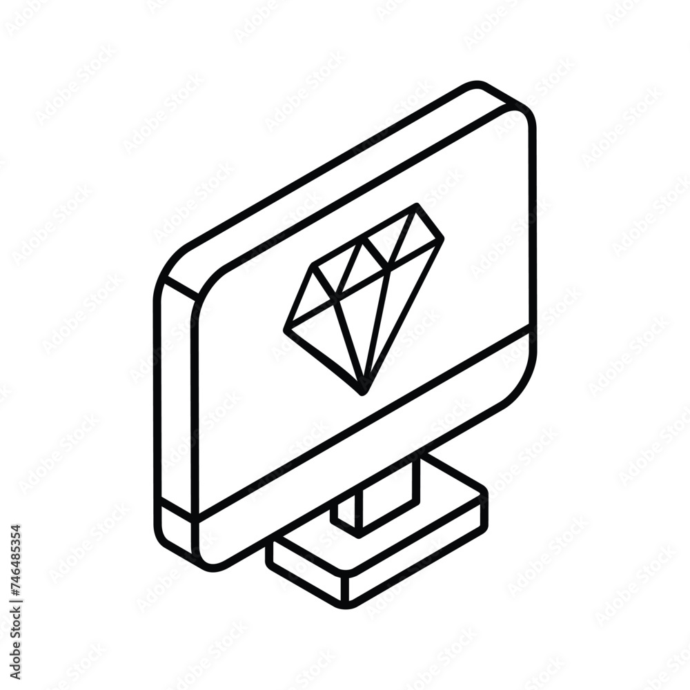 Diamond inside computer monitor showing concept isometric icon of diamond screen Diamond inside computer monitor showing concept isometric icon of diamond screen