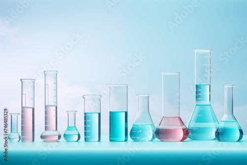 Laboratory equipment beakers and flask with backlight. Laboratory glassware with colorful liquids