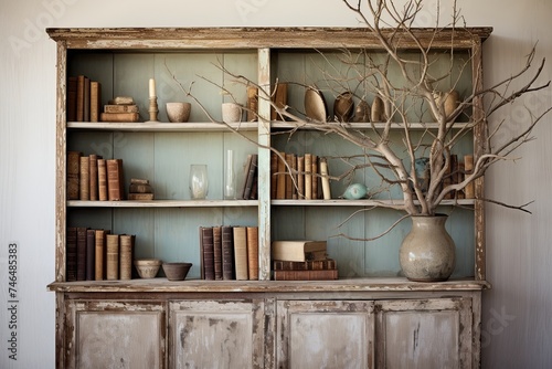 Coastal Seaside Memories: Time-Worn Vintage Living Room Inspirations with Twig Tree Branch and Bookcase