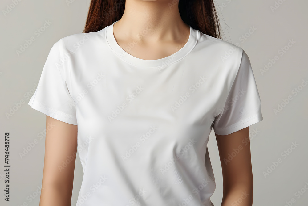 Blank White T-Shirt Mockup on Female Model. Empty Shirt Template Blank White T-Shirt Mockup on Female Model. Empty Shirt Template
