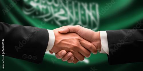 Businessman, diplomat in suits clasp hands for handshake over Saudi Arabia flag, agree on united success in trade, diplomacy, cooperation, negotiation, teamwork in commerce, gesture of greeting