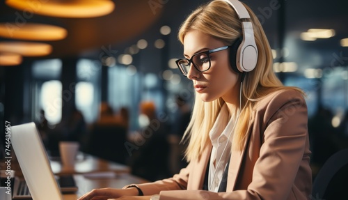 Young woman in headphones studying online with laptop, engaging in distance learning.