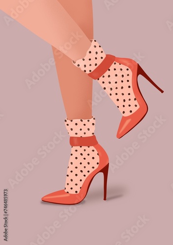 Woman legs in high heels shoes and retro socks. Fashion footwear design. Red sexy shoes. 