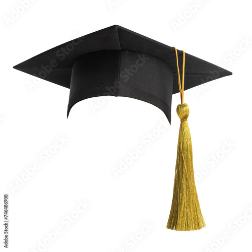Graduation hat, Academic cap or Mortarboard in black with gold tassel png isolated on transparent background for educational hat design mockup and school commencement hat mock-up template