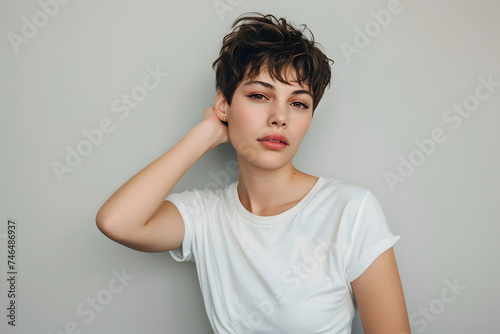 Young short hair brunette woman model in white T-shirt posing on light grey background