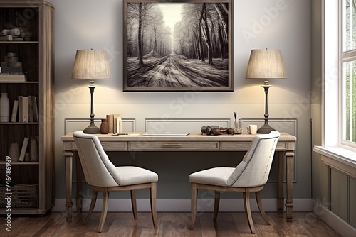Transitional Style Home Office Art Poster in Wooden Bench, Convergence of Eras © Michael