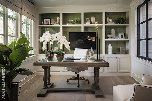 Green Plant Harmony: Modern and Classic Transitional Style Home Office with Glass Table photo