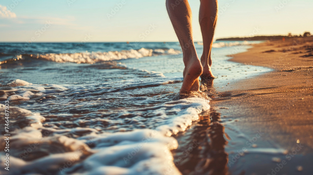 serene moment as bare feet walk along a sandy beach, at the shore during a warm sunset - obrazy, fototapety, plakaty 