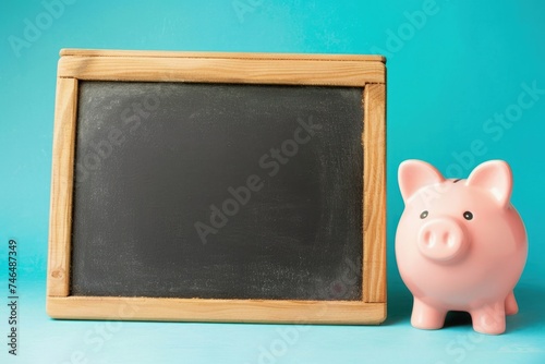 Pink piggy bank next to blackboard, concept of savings, financial education, blue background.
