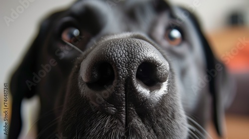 The image shows a black wet nose of a dog in extreme closeup. The dogs fur is black, and its eyes are brown. The background is out of focus and is a light brown color. photo