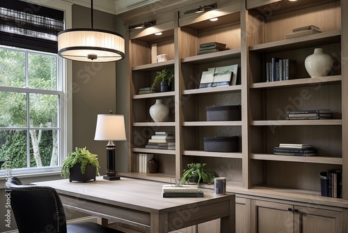 Rustic Wooden Bookcase and Modern Pendant Light: Transitional Style Home Office Design Fusion