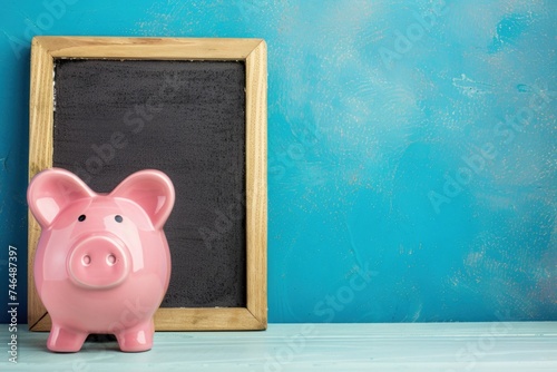 Pink piggy bank next to blackboard, concept of savings, financial education, blue background.