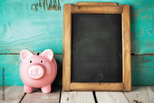 Pink piggy bank next to blackboard, concept of savings, financial education, green background.