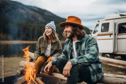 Couple Enjoying Campfire Near Camper Van