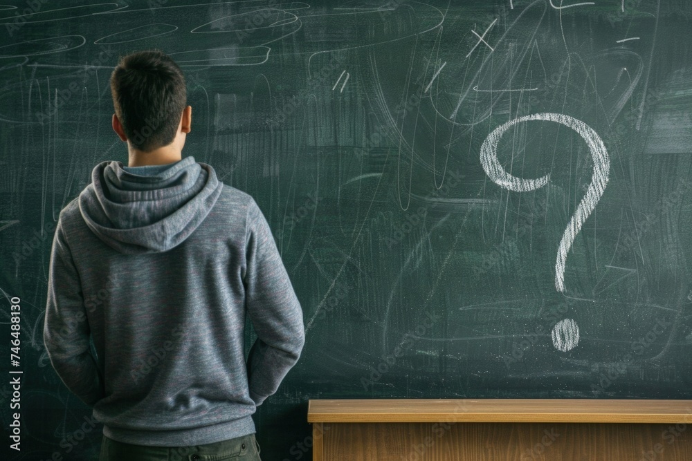 Man with his back looking at a blackboard with a drawing of a question mark, concept of curiosity, learning. Man with his back looking at a blackboard with a drawing of a question mark, concept of curiosity, learning.