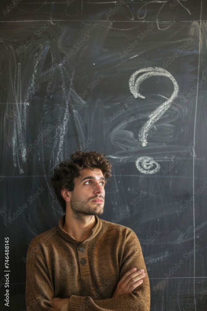 Pensive man, background with blackboard with drawing of a question mark, concept of curiosity, learning. Pensive man, background with blackboard with drawing of a question mark, concept of curiosity, learning.