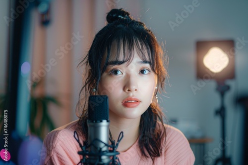 Obraz na płótnie 部屋で配信コンテンツの撮影をする日本人女性（ライブ配信・YouTube・クリエイター）