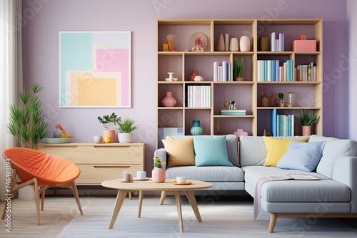Pastel Harmony: Stylish Urban Flats with Bright Living Room and Colorful Shelves © Michael