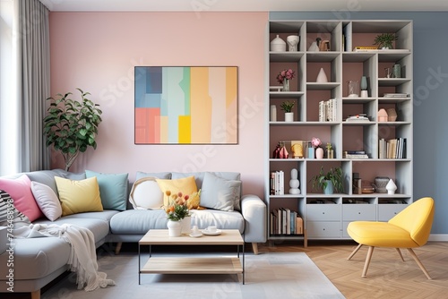 Pastel Paradise: Urban Flats with Bright Living Room & Colorful Shelves © Michael