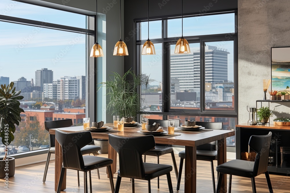 Cityscape View: Urban Loft Dining Area with Expansive Windows