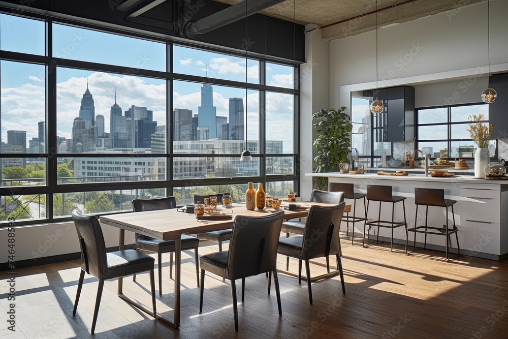 Urban Loft Dining Area: Cityscape Views Through Large Windows