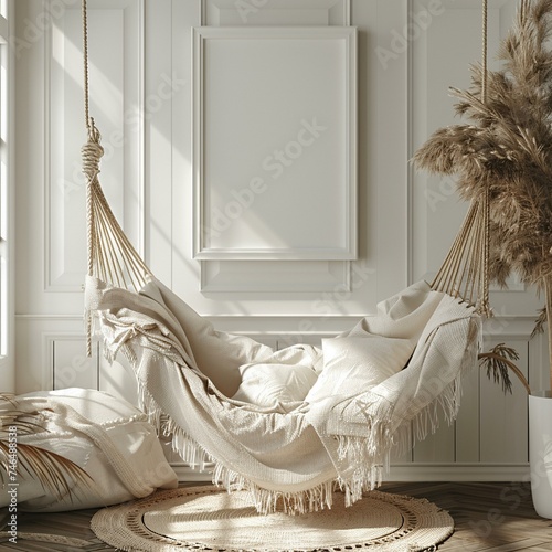 A cozy white corner with a hammock chair and soft blankets, complemented by an empty text frame for adding dreamy quotes or personal reflections, cosy modern home interior, white, 