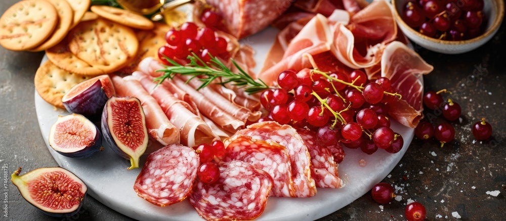 Italian charcuterie on marble platter with figs, red currants, and crackers.