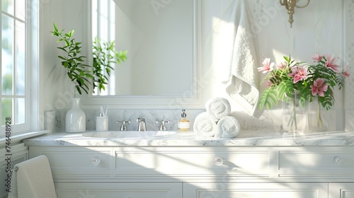 A white vanity with marble countertop and sleek fixtures  adding elegance to the modern bathroom space cosy modern home interior white empty text frame 3d