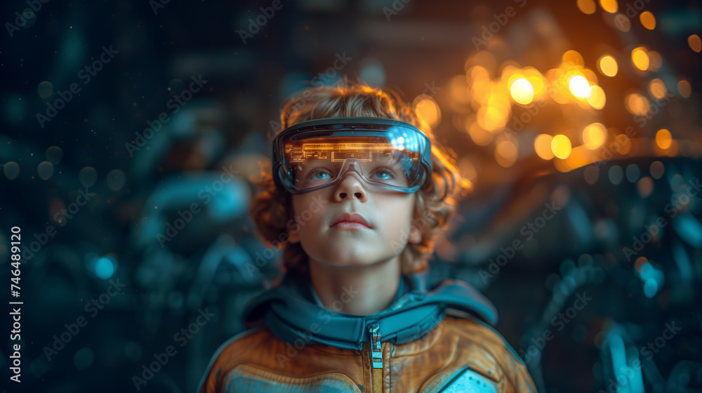 Futuristic Odyssey Child in VR Glasses and Neon