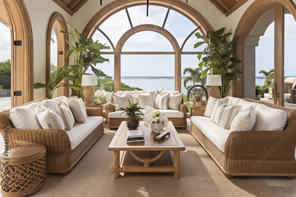 Coastal Vibes Vaulted Ceiling Living Room Designs with Rattan Furniture Accents