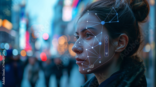 Outdoor Identity Verification Engineer Implements Futuristic Face Recognition in City Environment