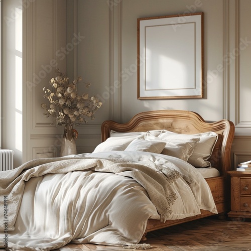 Render a sophisticated guest bedroom with timeless elegance and plush bedding, highlighting a wall mockup with a blank text frame above a sleigh bed, paired with 3D pictures of cla