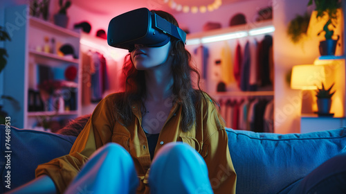 Homebound VR Woman Sitting Comfortably with Futuristic Gadget photo